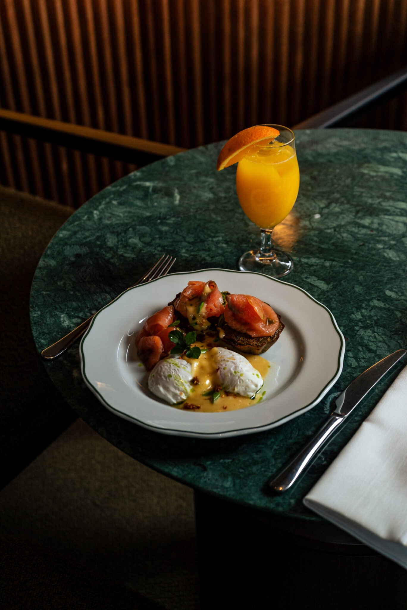 F&B product photography of Vince Miklos, Smoked Salmon toast with fresh orange juice